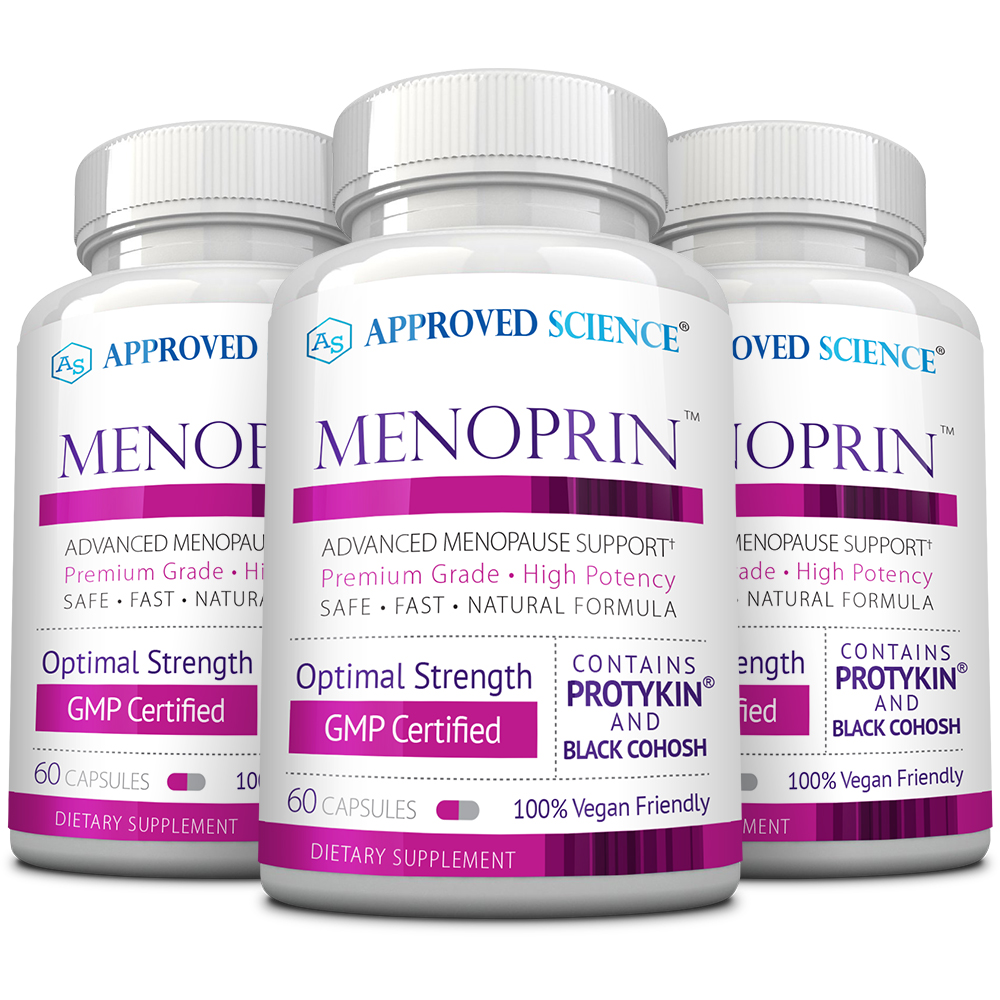 Three bottles of Approved Science Menoprin dietary supplement for menopause support, labeled as GMP certified, optimal strength, vegan friendly, and containing Protykin and black cohosh.