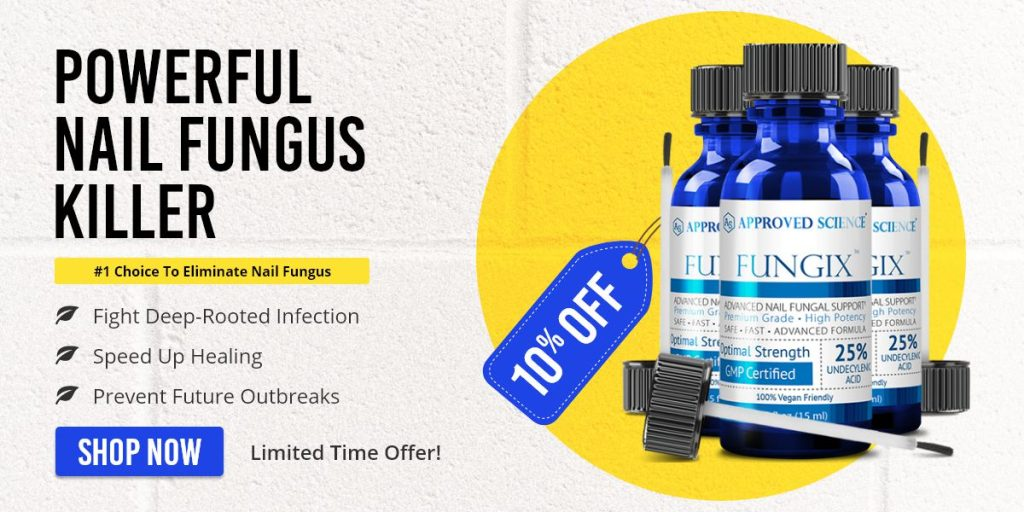 Three blue bottles of Fungix nail fungus treatment with droppers and a toothbrush, highlighting benefits, 10% off, and a comparison: Fungix™ Vs. Funginix for effective results.