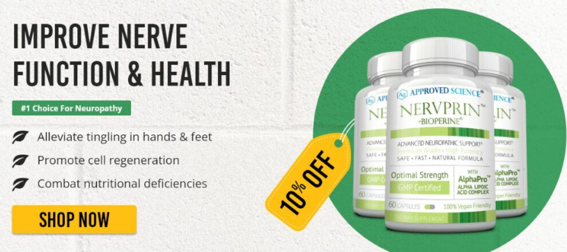 Image showing bottles of Nervprin Bioferine supplements with text promoting improved nerve function and health. Features a 10% OFF tag, yellow SHOP NOW button, and highlights Nervprin™ reviews.