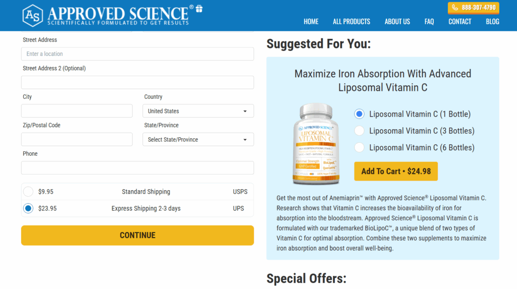 Checkout page for Approved Science supplements featuring a form for shipping info, delivery options, and a suggested product: Liposomal Vitamin C. “Add To Cart” button and special offers are visible.