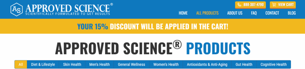 Approved Science website header with navigation menu, discount notice, and categories like Diet, Skin Health, Mens Health, and more.