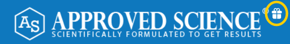 Approved Science logo with the tagline Scientifically Formulated to Get Results on a blue background, with a gift icon in a yellow circle on the upper right.
