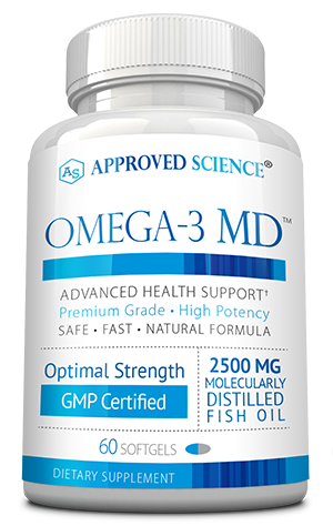 A white bottle labeled Omega-3 MD by Approved Science, containing 60 softgels, 2500 mg fish oil, GMP certified—premium longevity supplements for advanced health support.