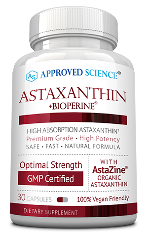 A white bottle labeled “Astaxanthin + BioPerine” by Approved Science, a vegan-friendly longevity supplement with 30 capsules, GMP certified, high absorption, optimal strength, and AstaZine.