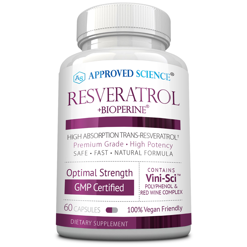 A white bottle of Approved Science Resveratrol + BioPerine, a GMP certified, 100% vegan friendly longevity supplement with 60 capsules.