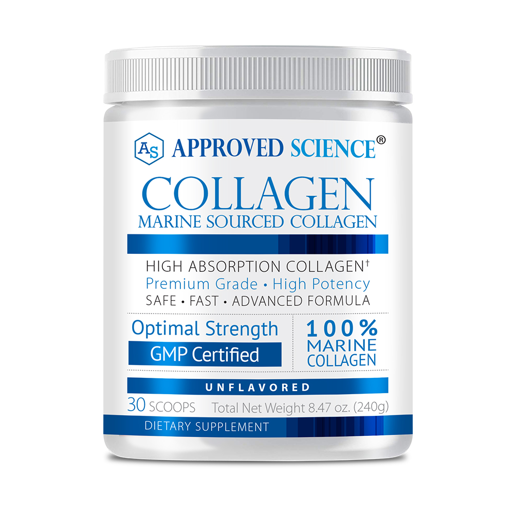 A white container of Approved Science Collagen, a marine-sourced longevity supplement, unflavored, GMP certified, with 30 scoops and a net weight of 240g.