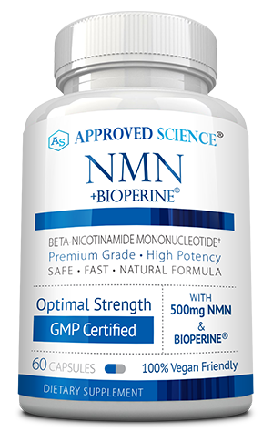 A white bottle of NMN + BioPerine longevity supplement by Approved Science, featuring blue and white labeling, optimal strength, GMP certification, and vegan-friendly capsules.