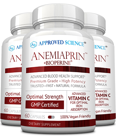 Three bottles of Anemiaprin + Bioperine dietary supplement, each with 60 vegan-friendly capsules. Backed by positive anemiaprin reviews for optimal blood health support and GMP certified.