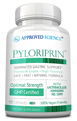 A white bottle of Approved Science Pyloriprin dietary supplement featuring labels for gastric support, GMP certified, vegan, and contains 60 capsules.