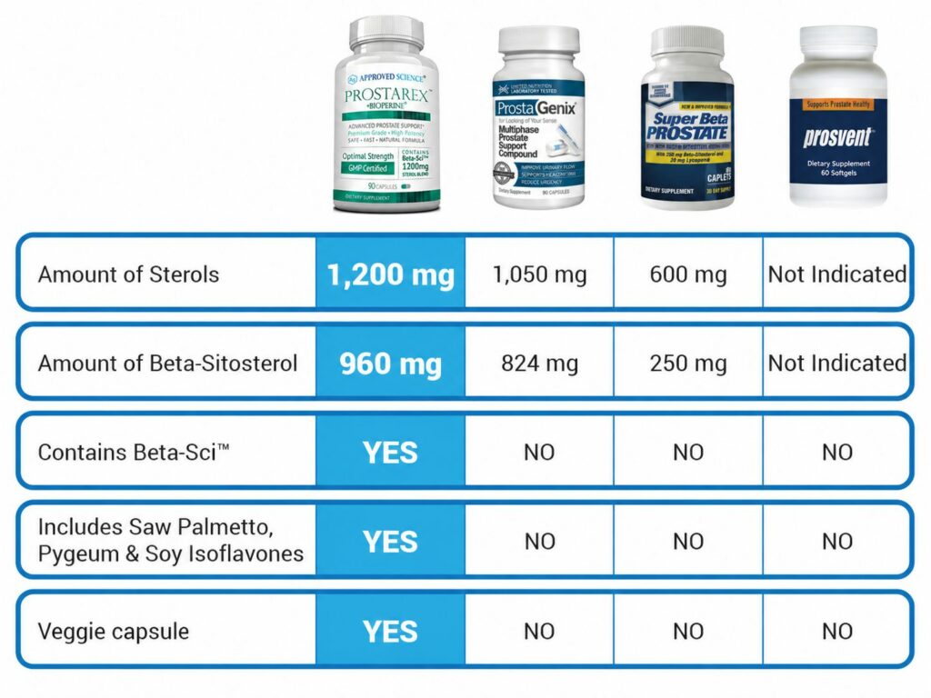 Comparison chart of four prostate supplements, including prostarex™ reviews, showing sterol content, beta-sitosterol, ingredients, and veggie capsule options; ProstaGenix leads in most categories.