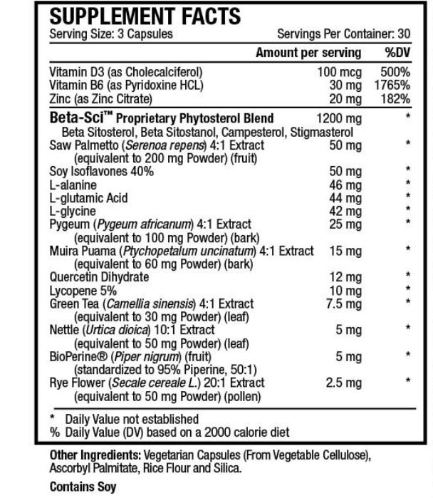 Supplement Facts label with serving size (3 capsules), 30 servings, daily values, a 1200mg plant blend; includes ingredients, allergy info, and Prostarex™ reviews highlights.