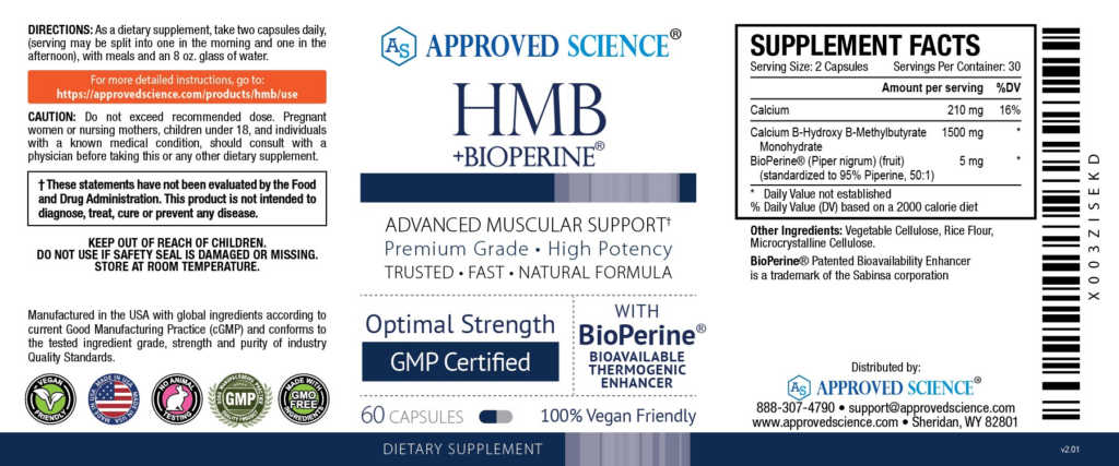 Label for Approved Science HMB + BioPerine supplement, showing directions, supplement facts, warnings, certifications, and ingredients on a white and blue background.