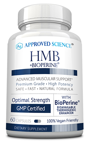 A white bottle labeled Approved Science HMB + BioPerine, featuring details about muscle support, GMP certification, vegan-friendly, and containing 60 capsules.
