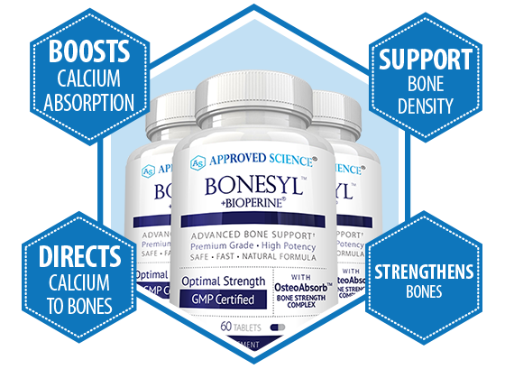 Three bottles of BONESYL supplement with text highlighting benefits: boosts calcium absorption, supports bone density, directs calcium to bones, and strengthens bones.