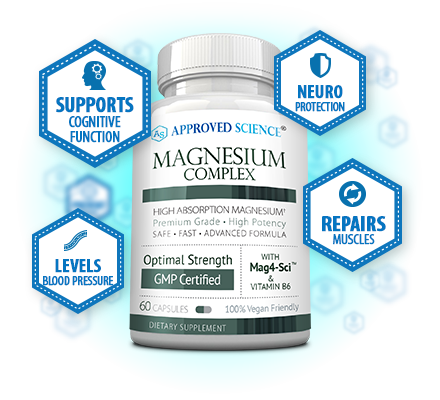 A bottle of Approved Science Magnesium Complex is shown with icons highlighting benefits: supports cognitive function, neuro protection, repairs muscles, and levels blood pressure.