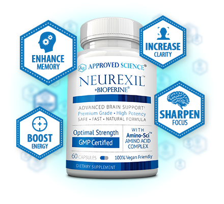 A bottle of Neurexil dietary supplement is shown, surrounded by icons highlighting benefits: enhance memory, increase clarity, fight brain fog, and sharpen focus.