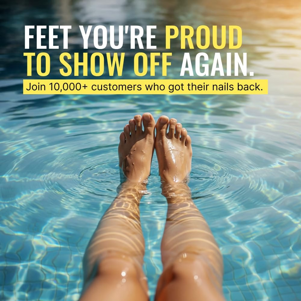 A person relaxes in a pool with feet above water. Text reads: Feet you’re proud to show off again—see why Fungix™ Reviews rave about getting their nails back. Join 10,000+ happy customers!.