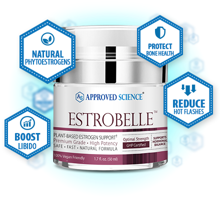 A jar of Approved Science Estrobelle, a plant-based estrogen support supplement, with icons highlighting benefits: natural phytoestrogens, boost libido, reduce brain fog, and protect bone health.