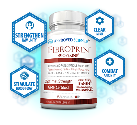 A bottle of Fibroprin + Bioperine dietary supplement with icons highlighting benefits: strengthen immunity, stimulate blood flow, clear mind, and combat brain fog and anxiety.