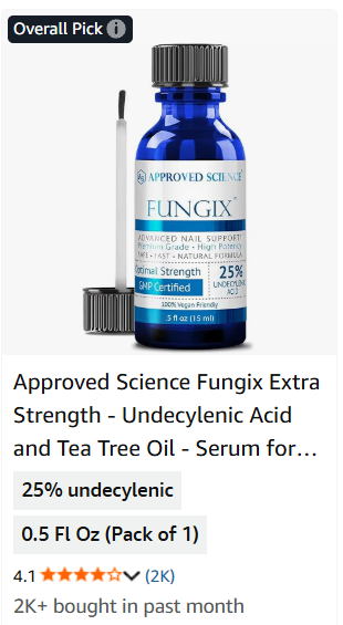 A blue bottle of Fungix nail serum with a dropper, product details, and ratings highlights the 25% undecylenic acid label. Flask shows Approved Science and top Fungix™ Reviews.