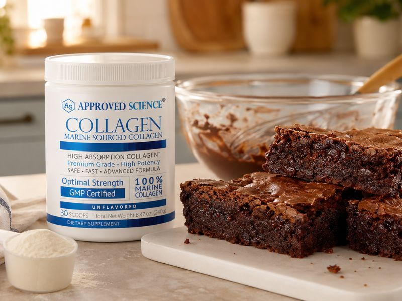 A container of Approved Science marine collagen sits beside chocolate brownies, perfect for cooking with collagen, with a scoop and mixing bowl in the background on the kitchen counter.