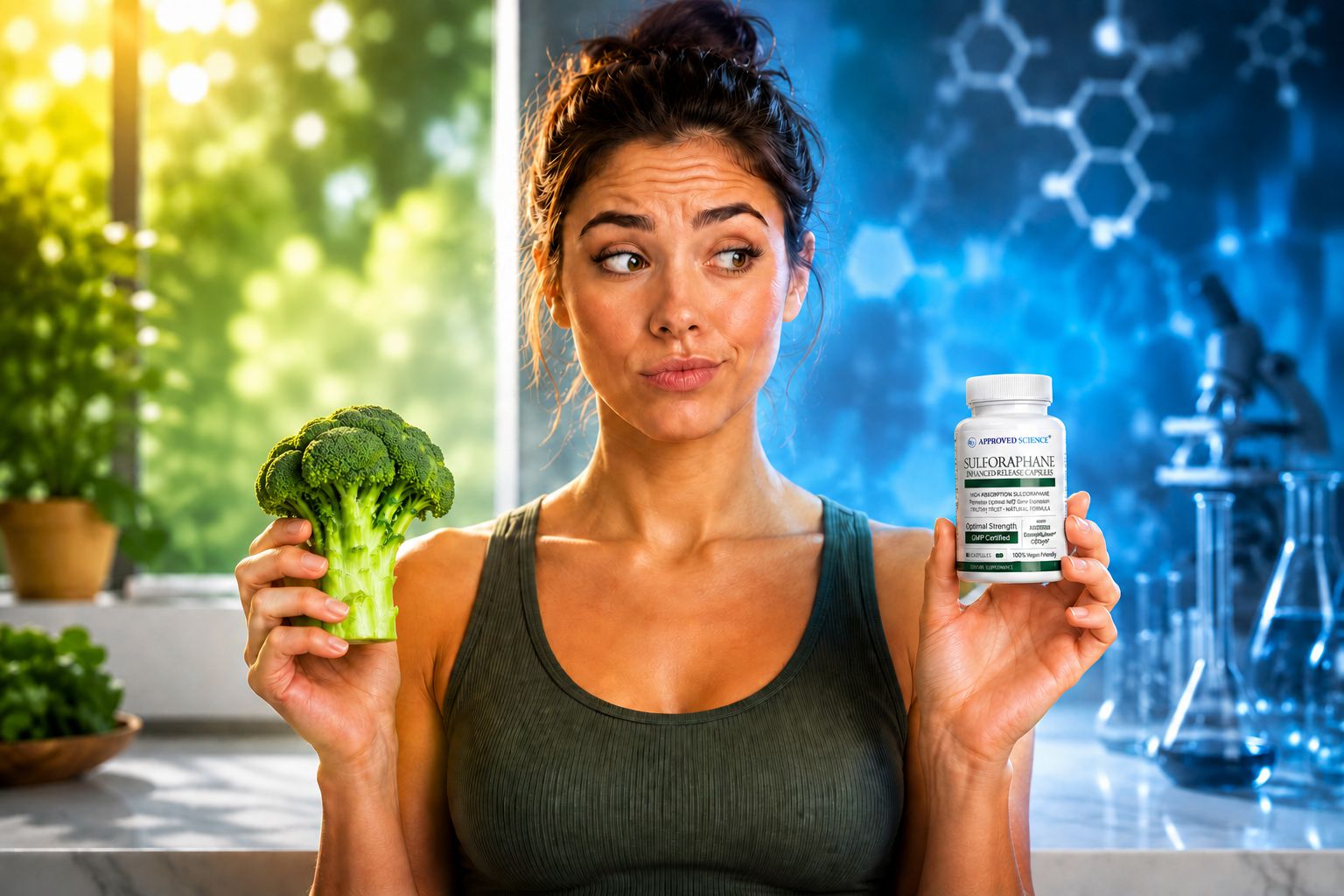 A woman in a tank top holds broccoli in one hand and a sulforaphane supplement bottle in the other, looking uncertainly between them in a bright, science-themed kitchen.