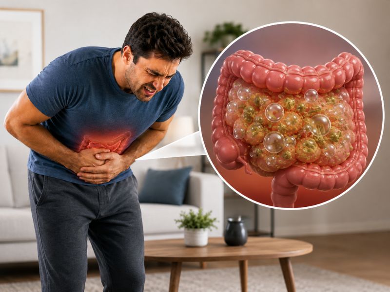 A man clutching his stomach in pain, with an illustration of inflamed intestines and trapped gas bubbles from too much fiber.