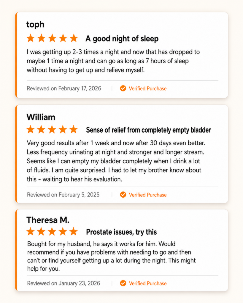 Screenshot showing three prostarex™ reviews with star ratings and comments on improved sleep, bladder relief, and prostate health. Each is marked Verified Purchase.