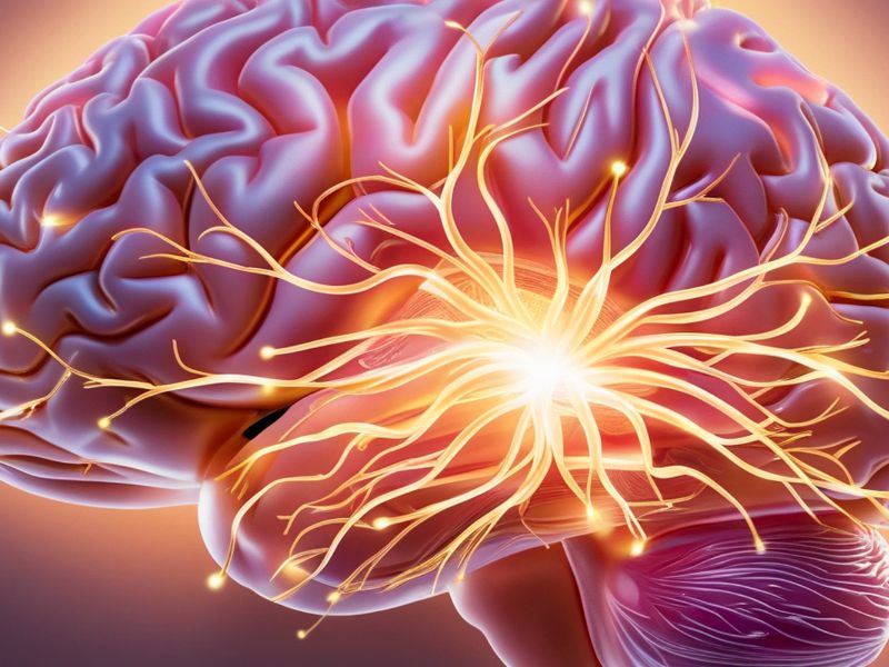 Illustration of a human brain with glowing neural connections and bright sparks, symbolizing brain activity or neural communication.