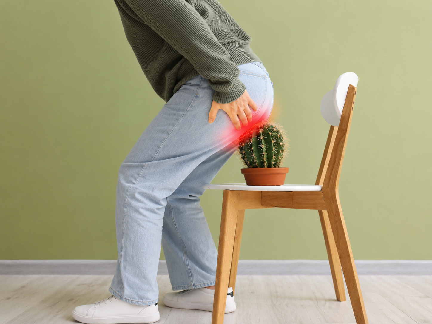 A person in jeans sits on a chair with a cactus, touching their painful lower back; a red glow highlights the pain area, reminding us to prevent hemorrhoids by sitting carefully.