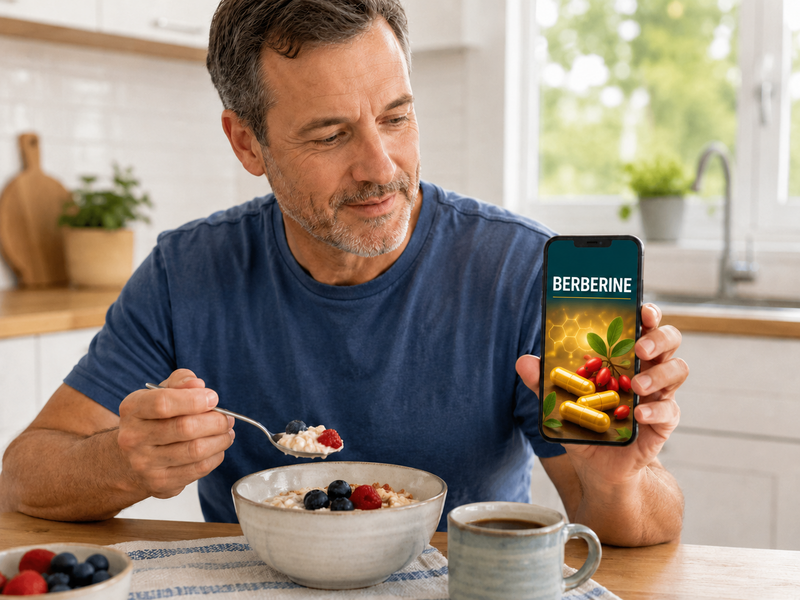 A man eating oatmeal with berries looks at a phone displaying an image of berberine supplement capsules and the word BERBERINE above them.