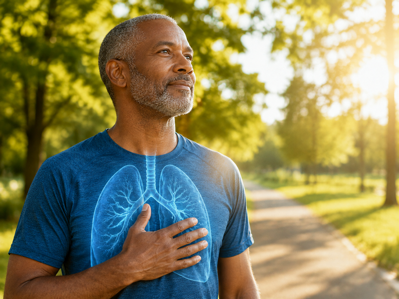 A man stands outdoors in sunlight with his hand on his chest, wearing a shirt displaying an illustration of lungs. Trees and a path are in the background.