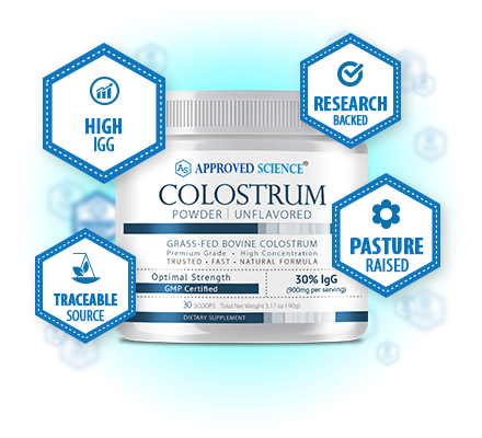 A container of Approved Science colostrum powder, with icons: High IGG, Research Backed, Pasture Raised. Grass-fed colostrum ensures traceable source and optimal strength. Unflavored formula.