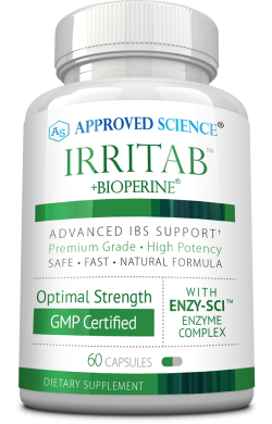 White bottle labeled Irritab + BioPerine from Approved Science, for IBS support, 60 capsules, GMP certified, with Enzy-Sci enzyme complex.