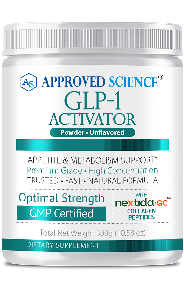 A container labeled GLP-1 Activator powder by Approved Science, featuring appetite and metabolism support, optimal strength, GMP certified, and 300g dietary supplement.