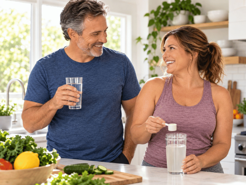 A smiling man and woman stand in a bright kitchen. She stirs powder into a glass of water while both hold drinks. Vegetables are on the counter.