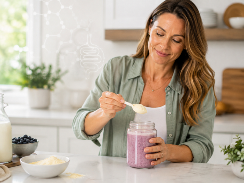 A woman in a kitchen adds colostrum powder to a jar of purple smoothie. Nearby are blueberries, powder, and a bottle of milk on the counter.