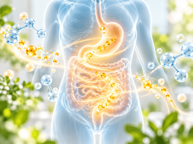 A glowing anatomical illustration of the human digestive system surrounded by abstract molecular structures.