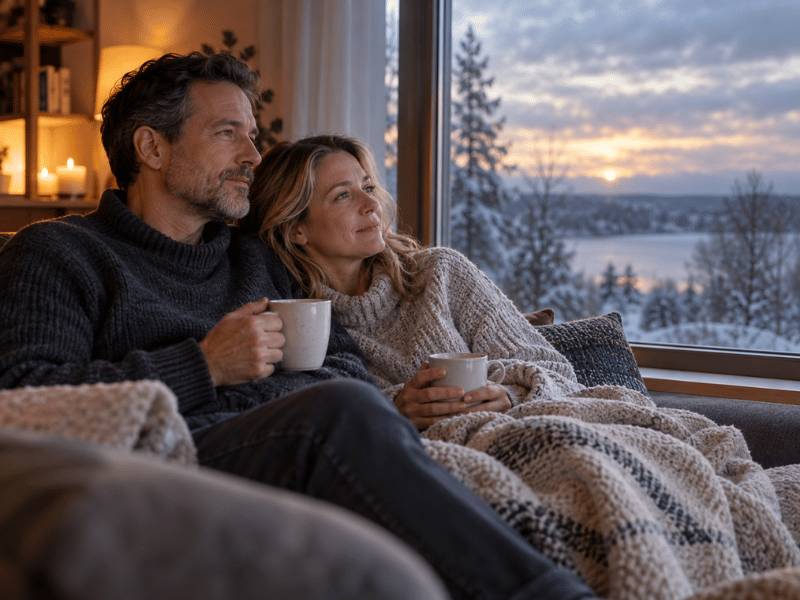 A couple wrapped in a blanket sits on a sofa, drinking from mugs while looking out a window at a snowy landscape at sunset.