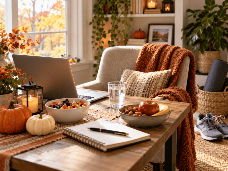 A wooden desk with a laptop, a bowl of fruit, a glass of water, and an open notebook, set beside an armchair with a knitted throw blanket.