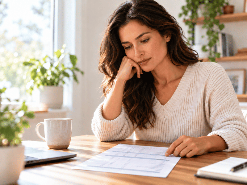 A woman sits at a wooden table reviewing a document with a thoughtful expression.