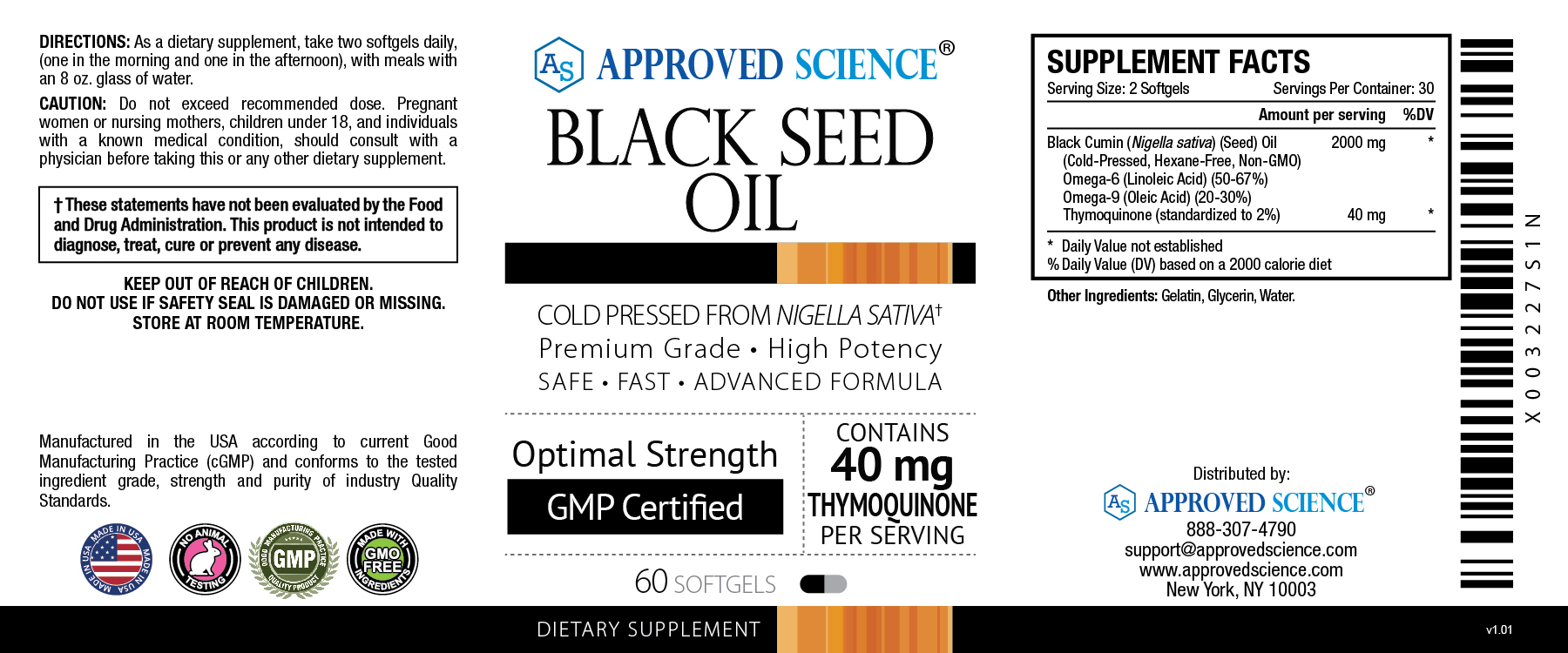Approved Science® Black Seed Oil Supplement Facts