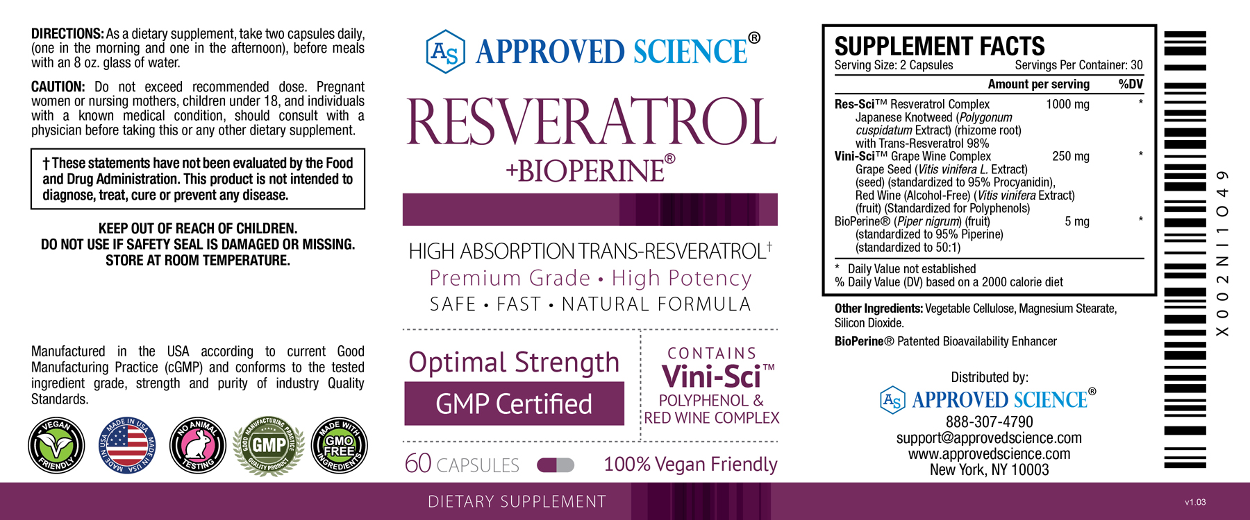 Approved Science® Resveratrol Supplement Facts