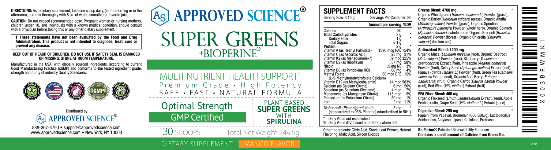 Approved Science® Super Greens Supplement Facts