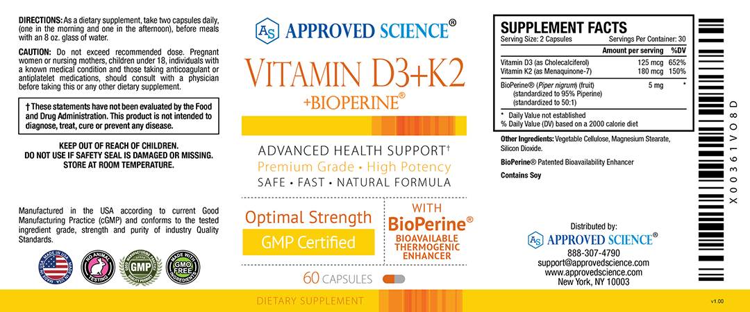 Approved Science® Vitamin D3+K2 Supplement Facts